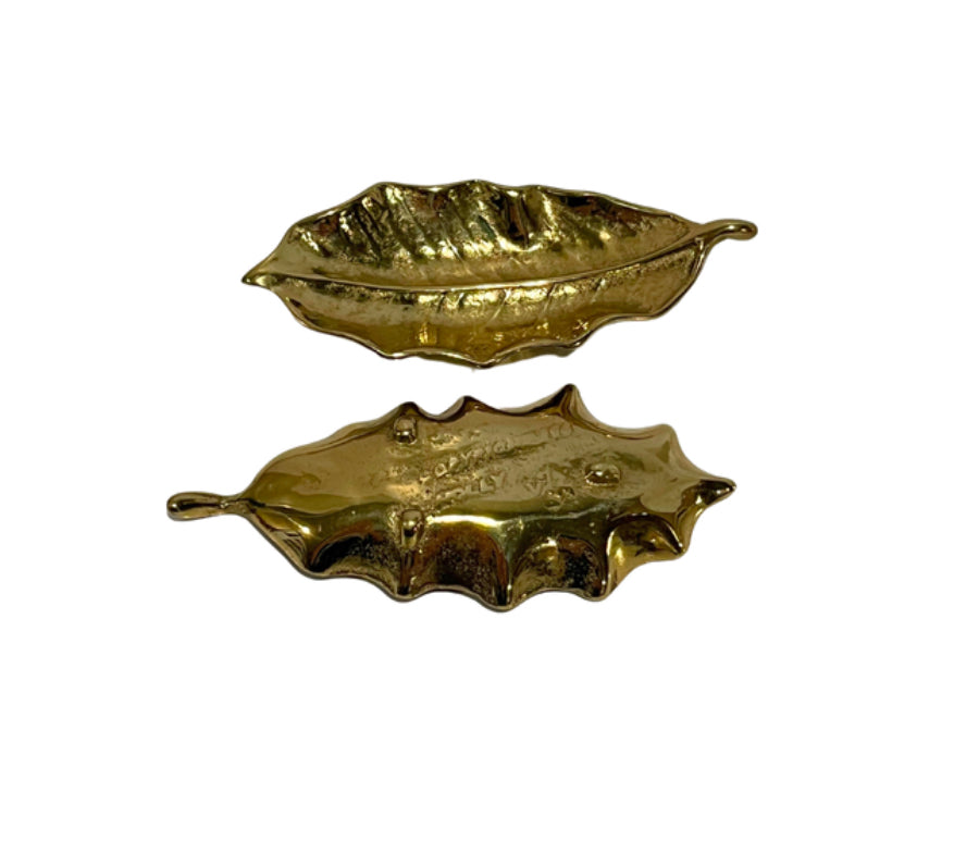 Midcentury Set of 2 Virginia Metals Holly Berry Brass Leaves