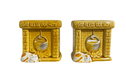 VNT "God Bless Our Home" Resting Cat  by Fireplace Salt and Pepper Shakers