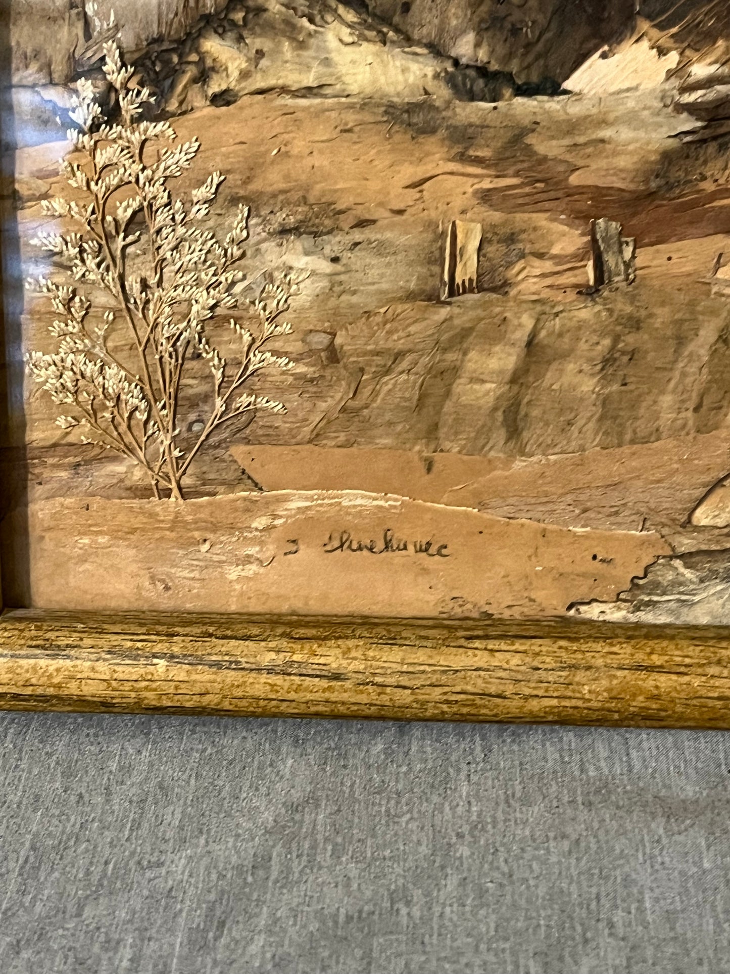 Vintage Folk Art Bark Wooded Country Landscape Framed Artwork - Signed