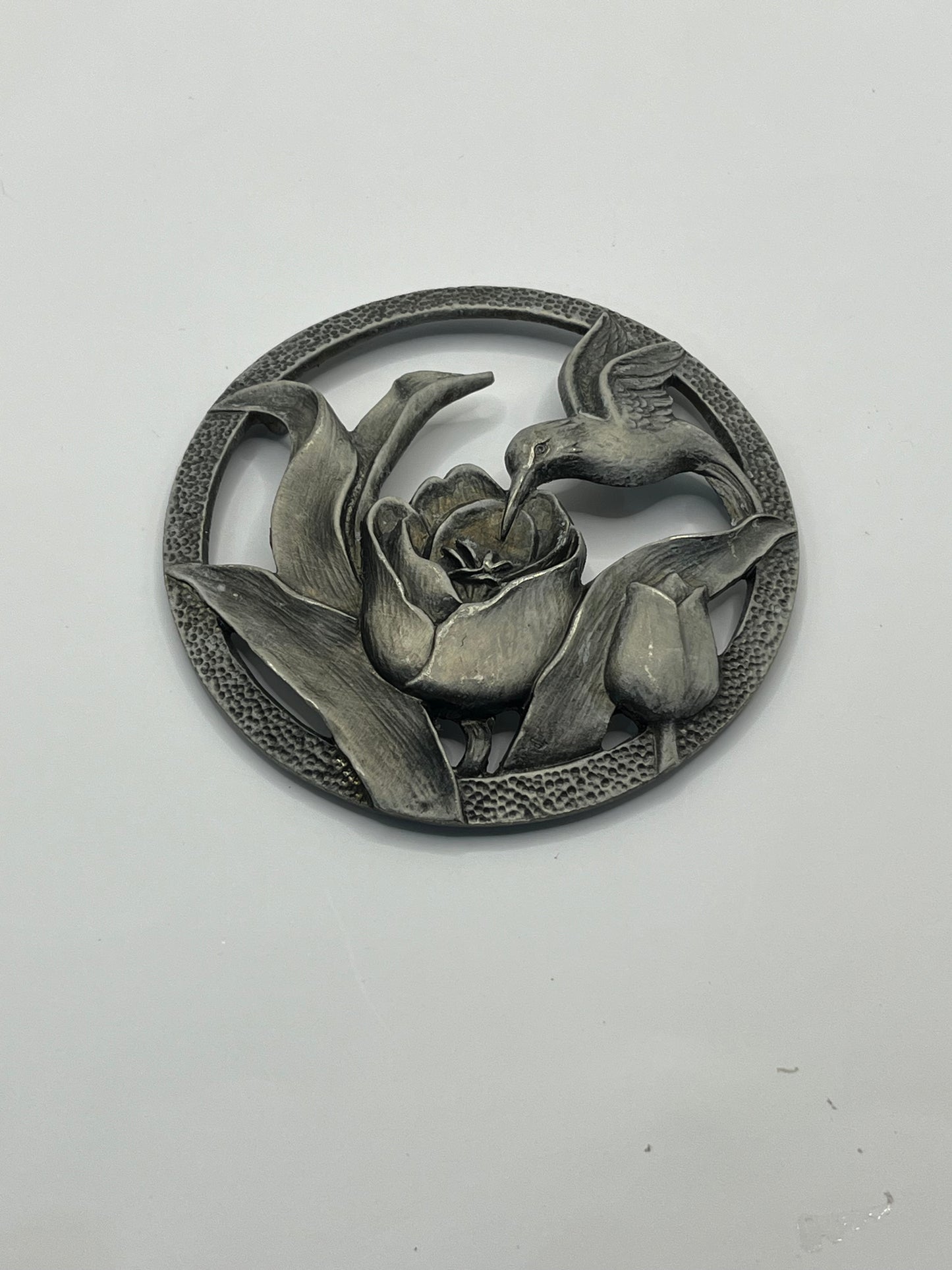 1986 IN T'L C&M Pewter Glass Potpourri Dish with Floral Hummingbird