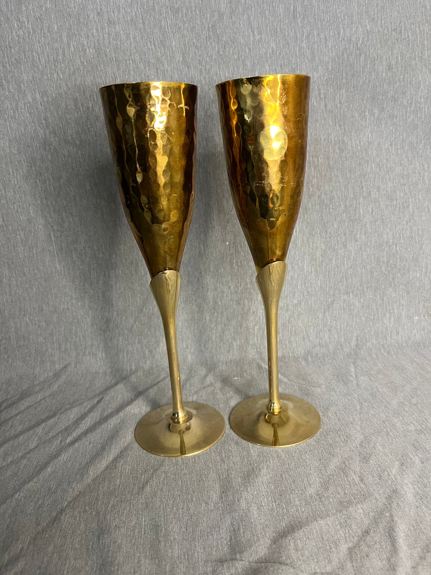 Pair of Vintage Hammered Brass Champagne Stemware Glasses