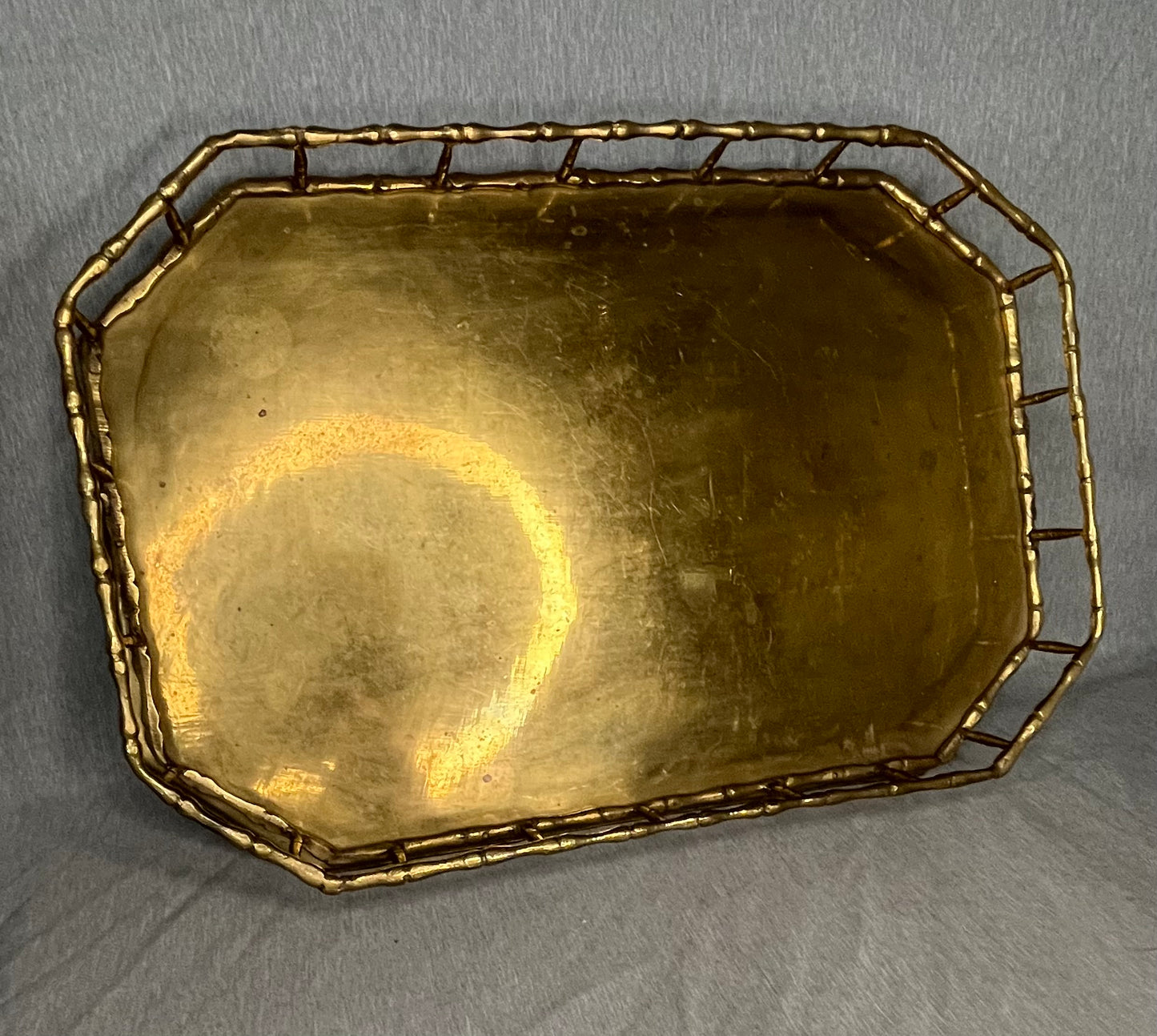 Large Brass with Faux Bamboo Elongated Octagonal Serving Tray