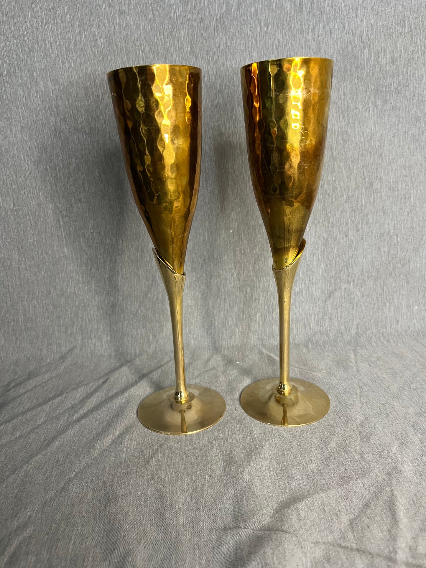 Pair of Vintage Hammered Brass Champagne Stemware Glasses