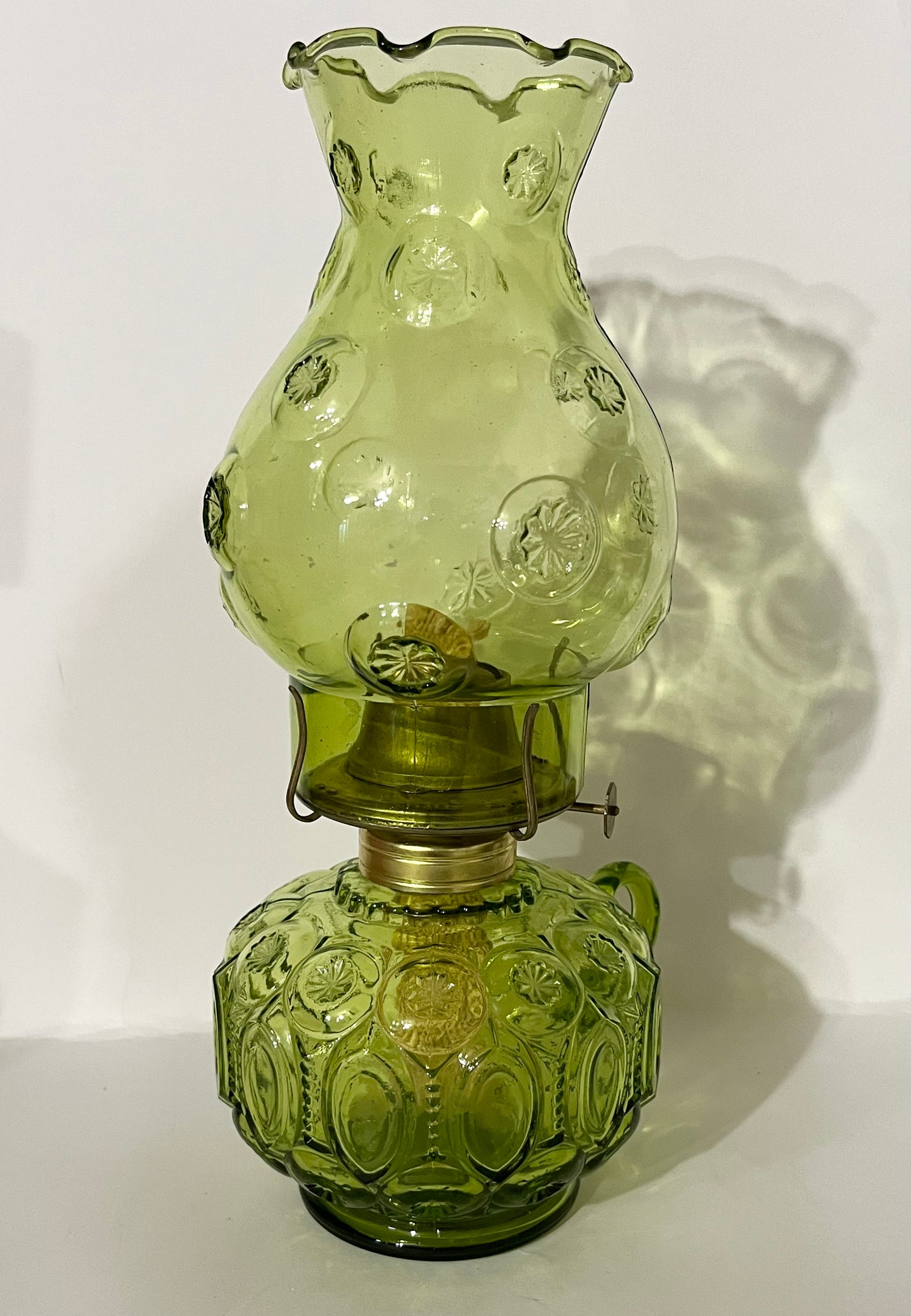 Vintage LE Smith Moon and Stars Olive Green Glass Oil Lamp