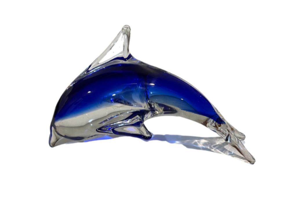 Hand Blown Art Glass Jumping Dolphin Cobalt Blue and Clear