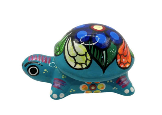 Mexican Folk Art Clay Pottery Turtle Trinket Dish Turquoise Hand Painted