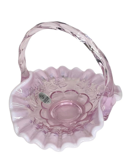 Fenton Pink Opalescent Ruffled Small Glass Basket With Twist Optic Handle