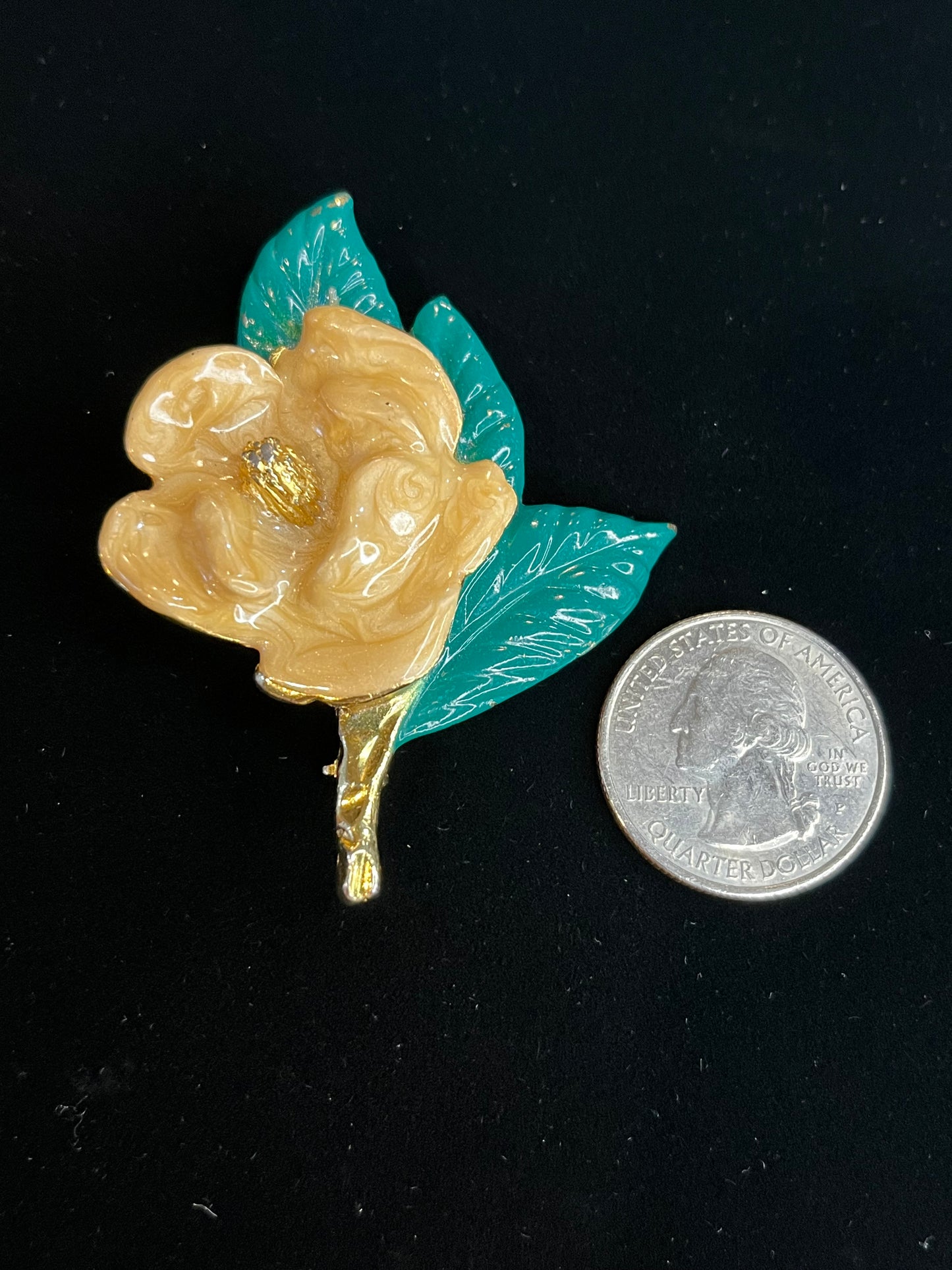 Vintage Rose Pin Brooch 
Yellow Green Enamel Gold Made in USA Signed