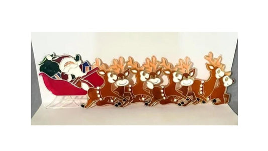 Vintage Santa's Sleigh & Reindeer Christmas Suncatcher Plastic 5pc