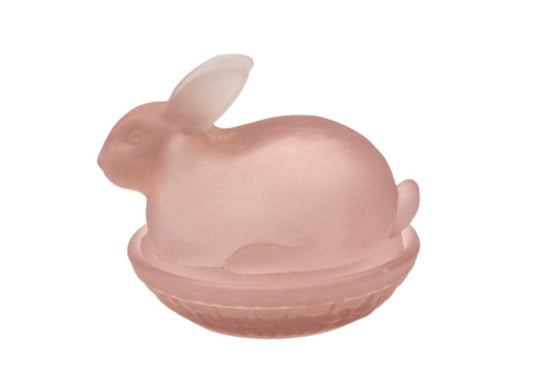 Vintage Frosted Satin Pink Glass Bunny Rabbit on Nest Candy Dish