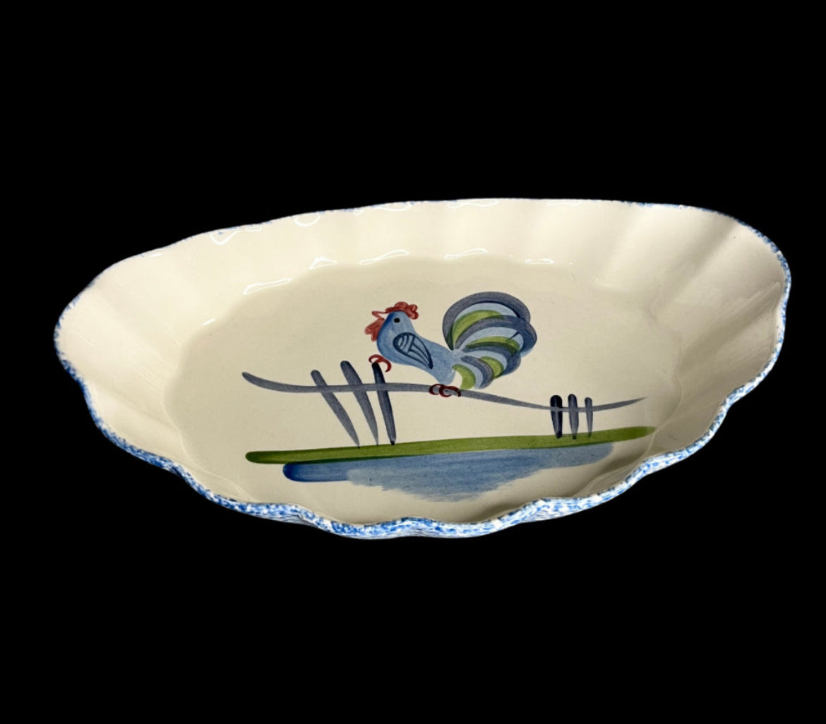 Los Angeles Potteries "Blue Stipple with Rooster"  Serving Bowl Rippled Edge