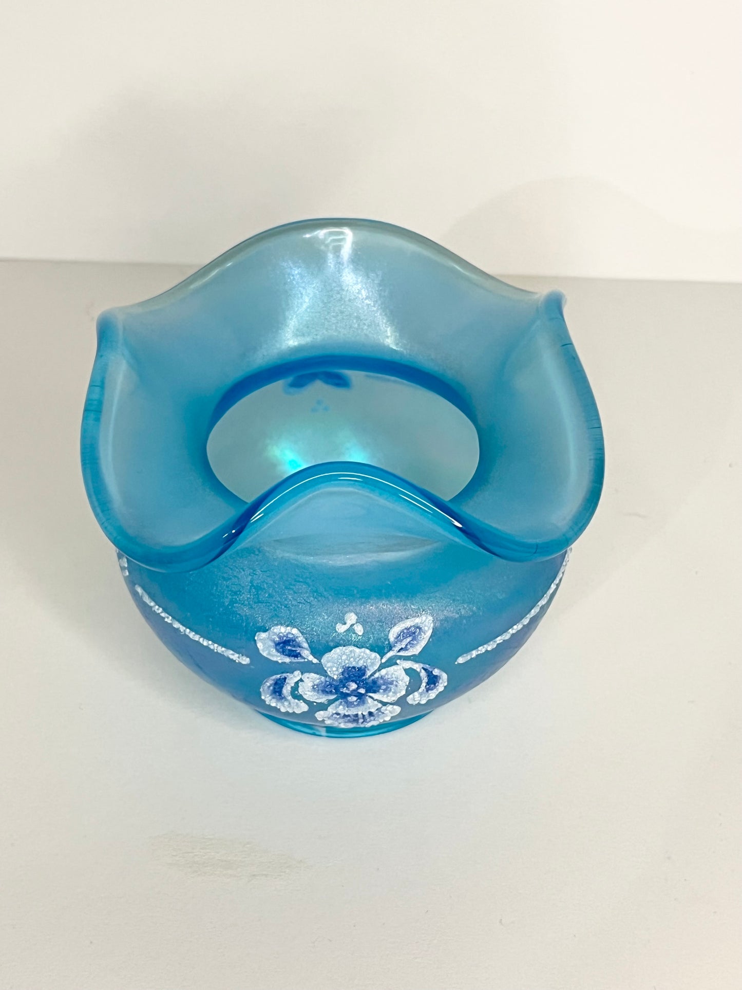 Fenton 90th Anniversary Glass Celeste Blue Beaded Iridescent Bowl Vase