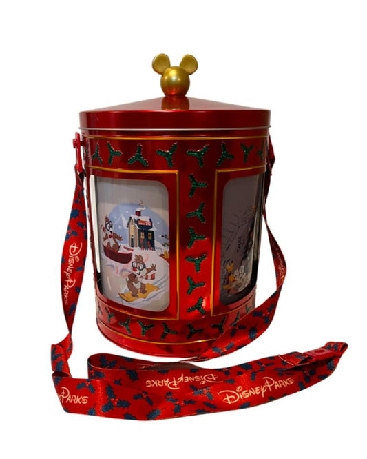 Disney Parks Christmas Holiday Mickey and Friends Musical Popcorn Tin Bucket with Strap