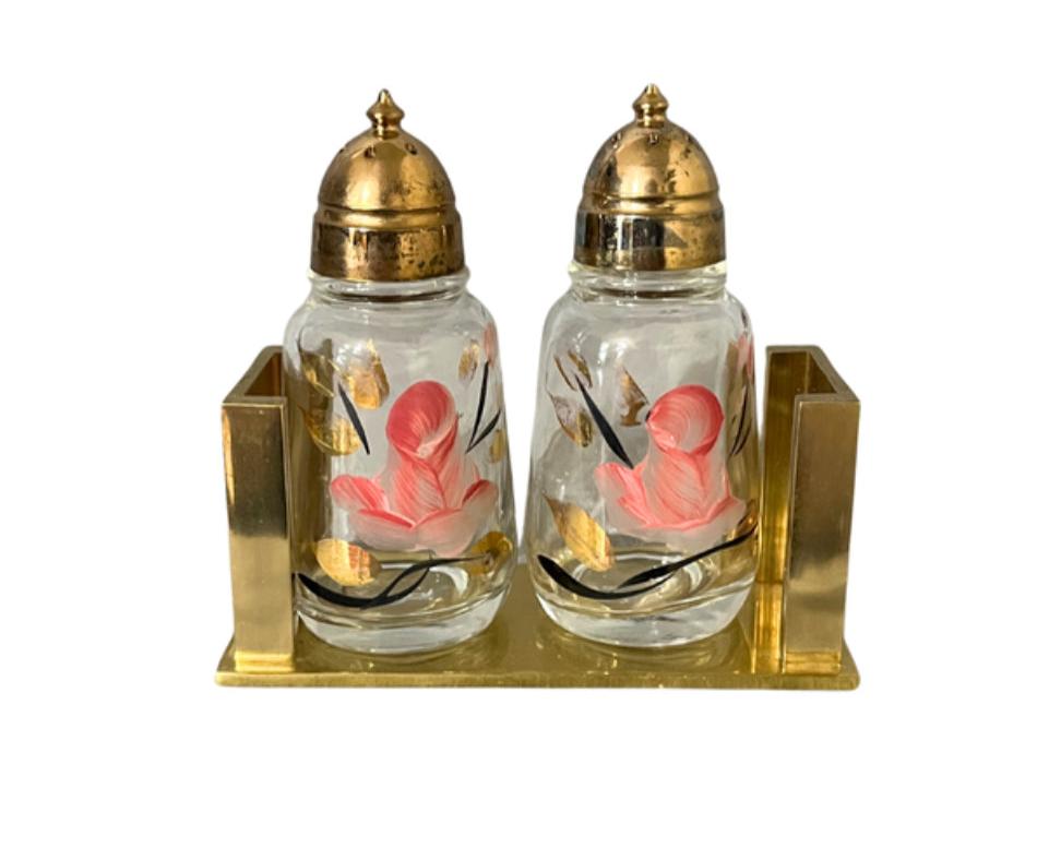 Mid Century Hazel Atlas Hand Painted Salt & Pepper Set w/ Brass Caddy