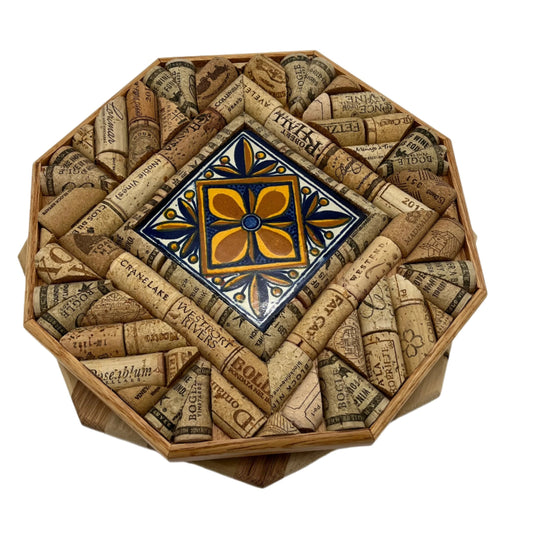 11” Octagon Cork Lazy Susan with Beautiful Cobalt Blue and Gold Tile