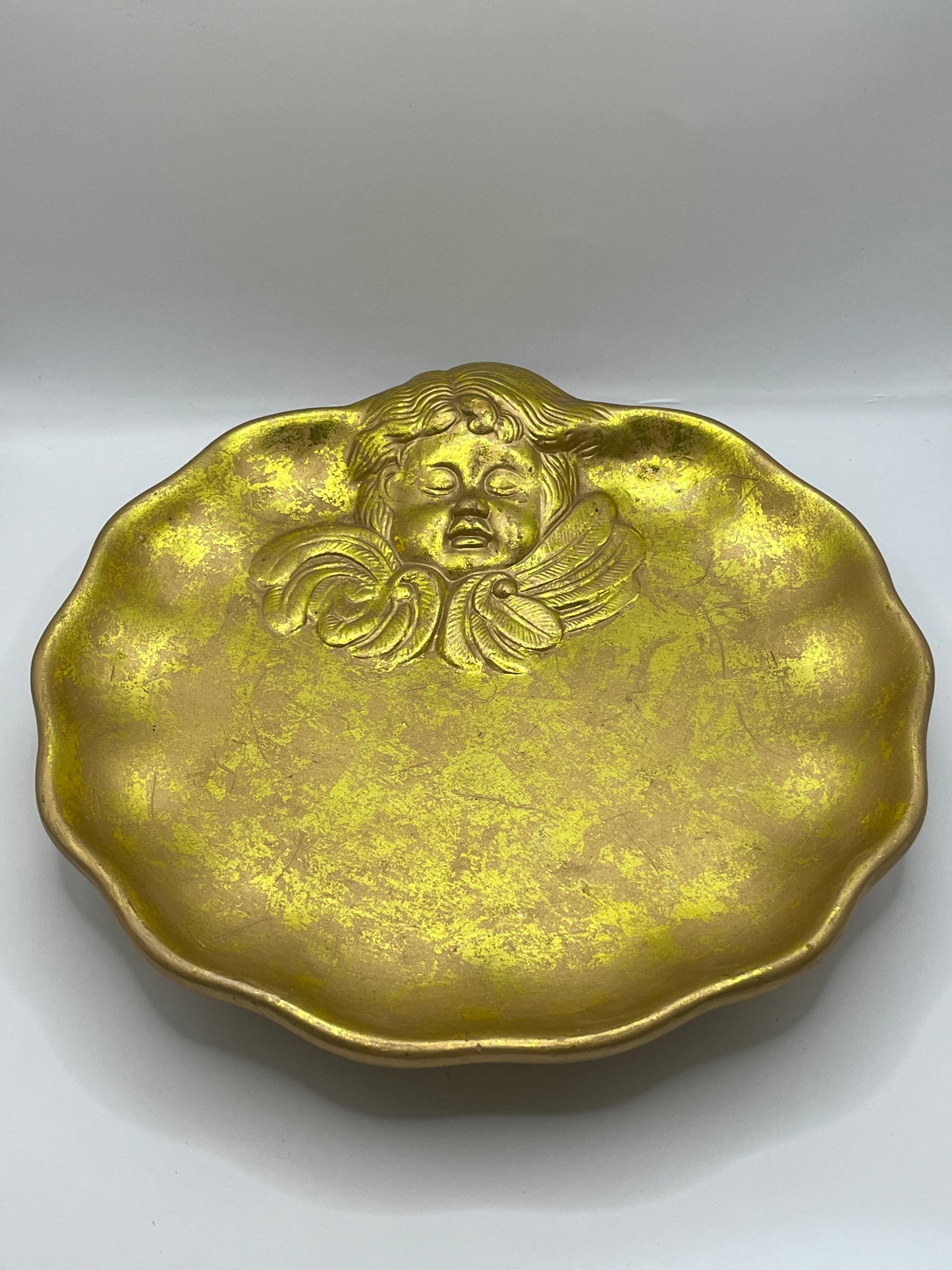 Vintage Gold Leaf Angel Chalk Ware Decorative Platter ￼