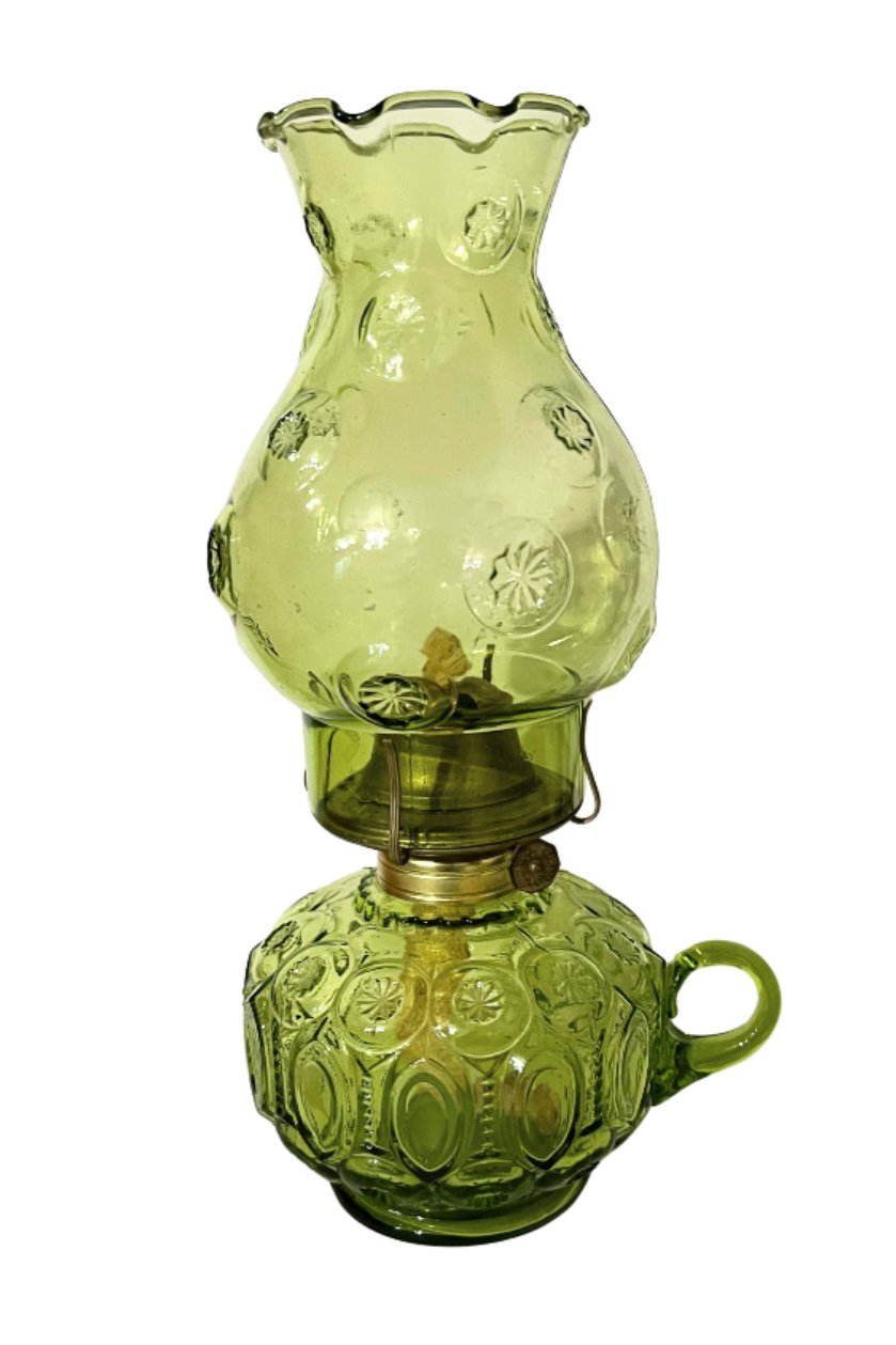 Vintage LE Smith Moon and Stars Olive Green Glass Oil Lamp