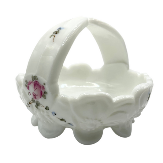 Westmoreland Vintage Milk Glass Basket w/ Roses and Split Decorative Hand