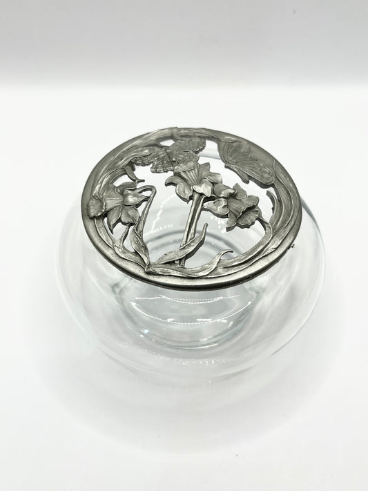 Signed 1989 Rawcliffe Pewter Glass Potpourri Dish with Floral Butterflies