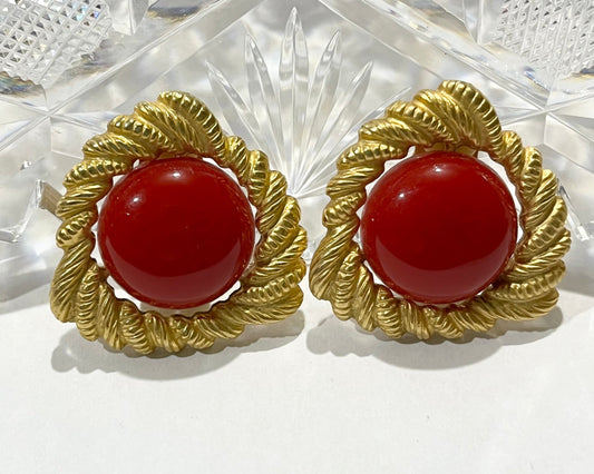 Vintage Signed Glodtone Rope Red Center Clip On Earrings