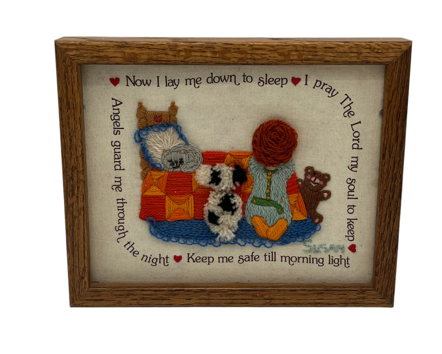 Late 80s “Now I lay me down to Sleep” Needle Crewel Frame Art Work