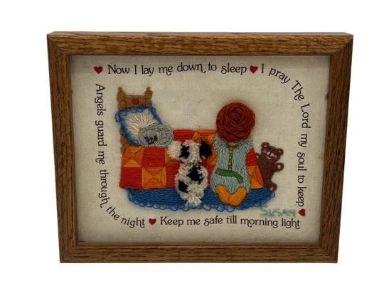 Late 80s “Now I lay me down to Sleep” Needle Crewel Frame Art Work