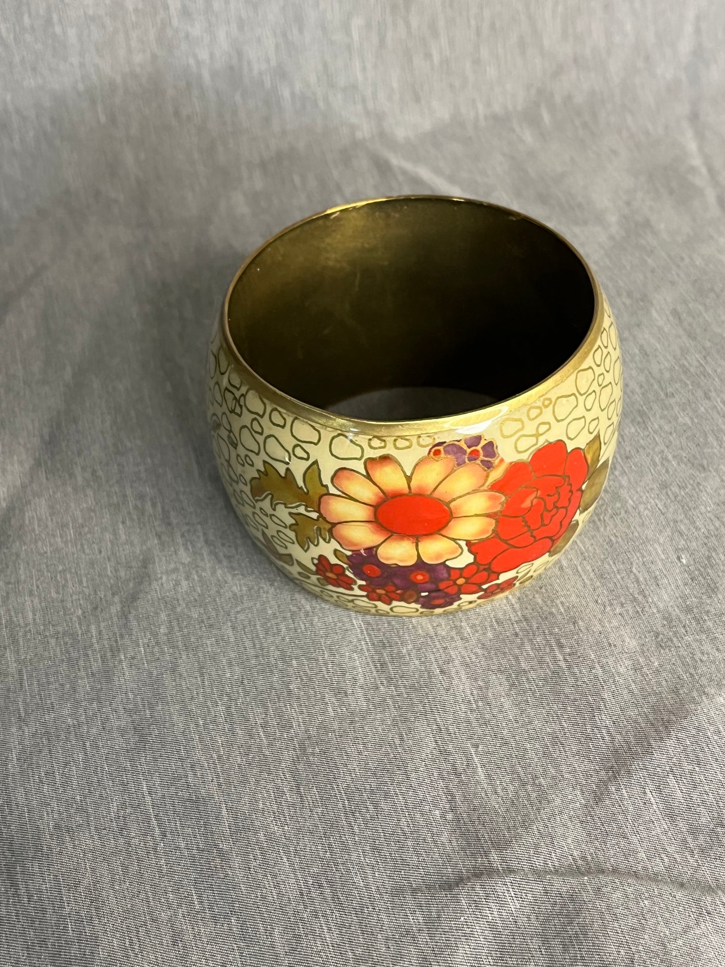 Vintage Enamel Floral Cuff Bracelet Brass Undertone