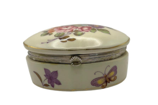 VNT Porcelain Hinged Trinket Box with Lid Butterflies Flowers made in Japan