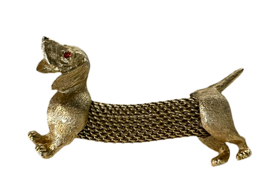 Vintage J.J. Jonette Jewelry Gold Tone Dachshund Brooch Pin with Rhinestone Eye