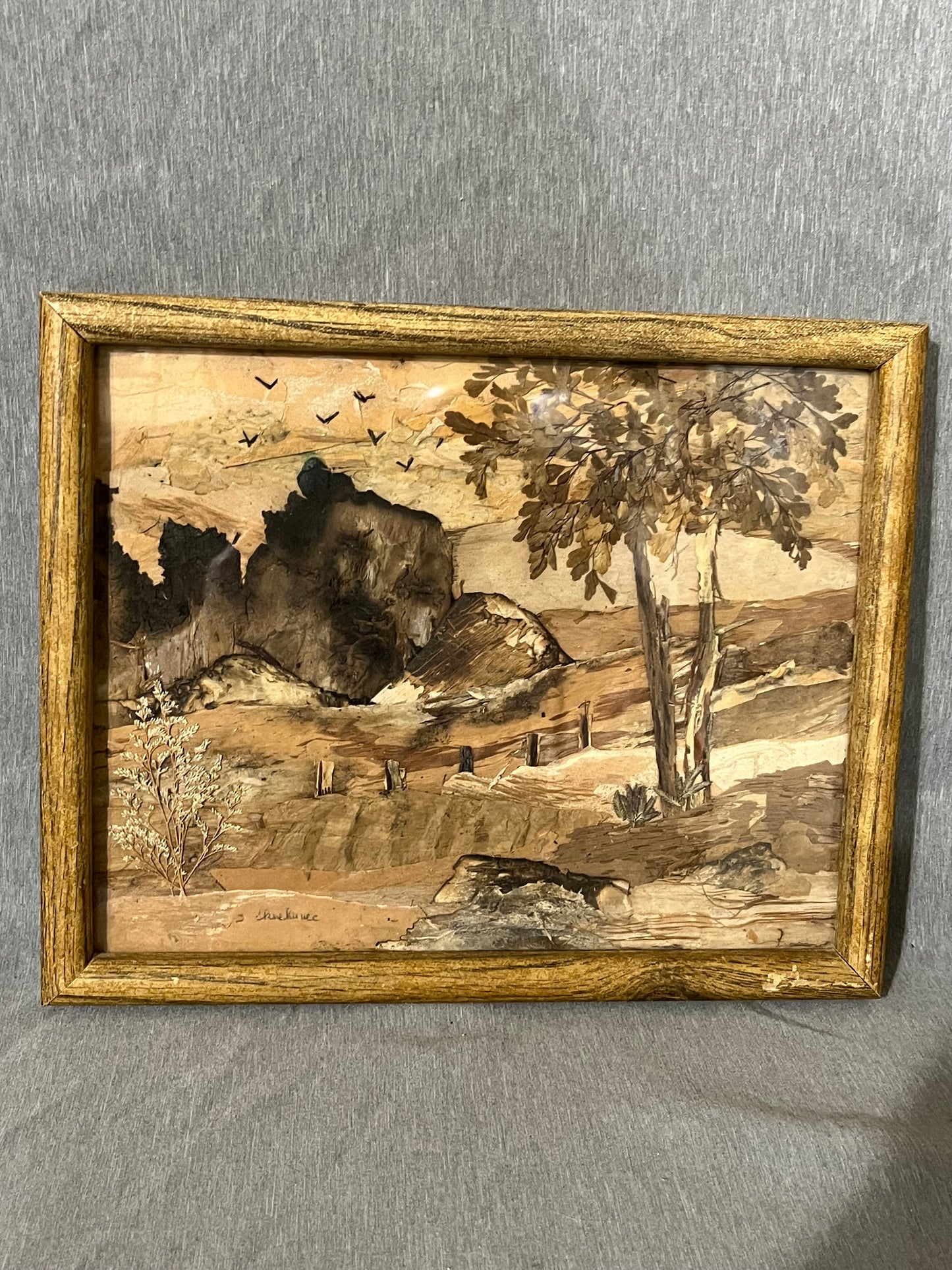 Vintage Folk Art Bark Wooded Country Landscape Framed Artwork - Signed