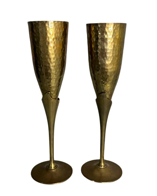 Early 1970s Hammered Brass Tulip Steam Champagne Flutes