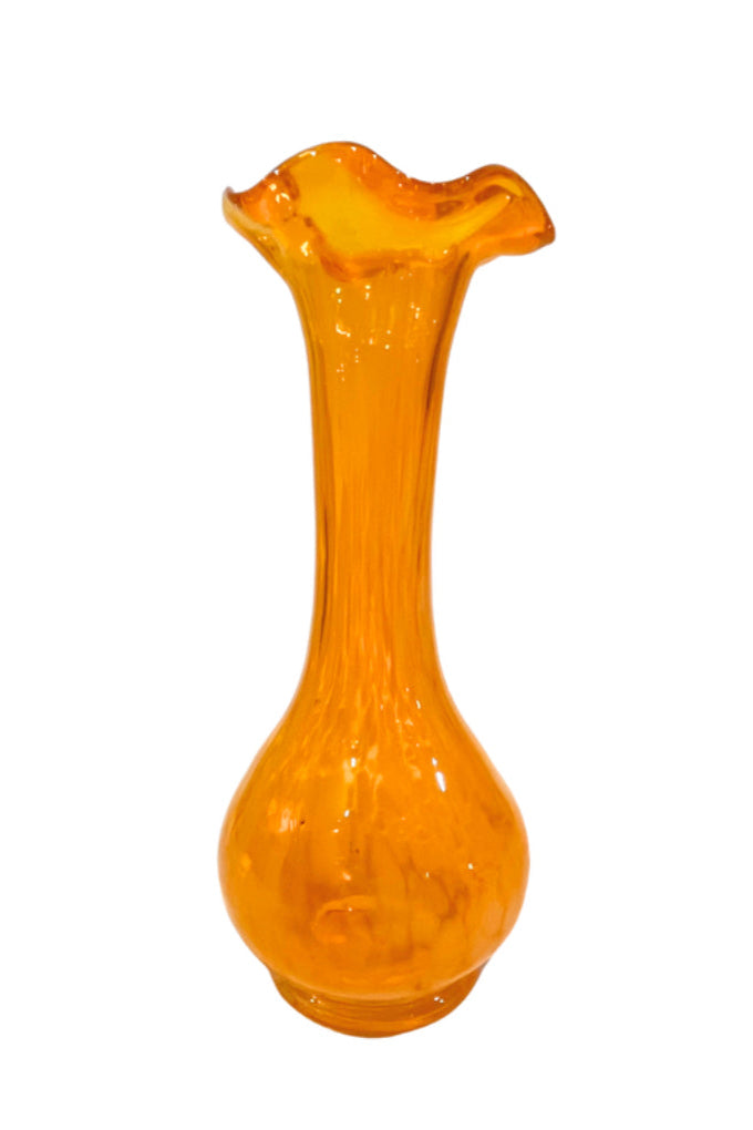 Hand Blown 6.5" Orange And White Splatter Glass Ruffled Bud Vase