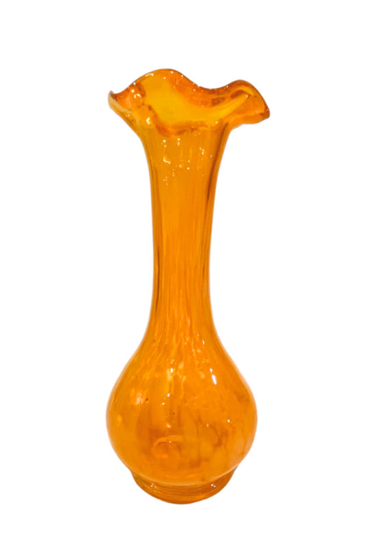 Hand Blown 6.5" Orange And White Splatter Glass Ruffled Bud Vase