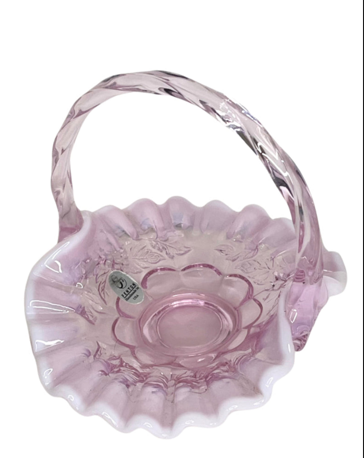 Fenton Pink Opalescent Ruffled Small Glass Basket With Twist Optic Handle