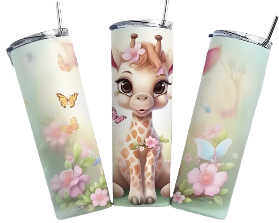 Custom Made Steel Tumbler- Giraffe in Butterfly Meadow ￼