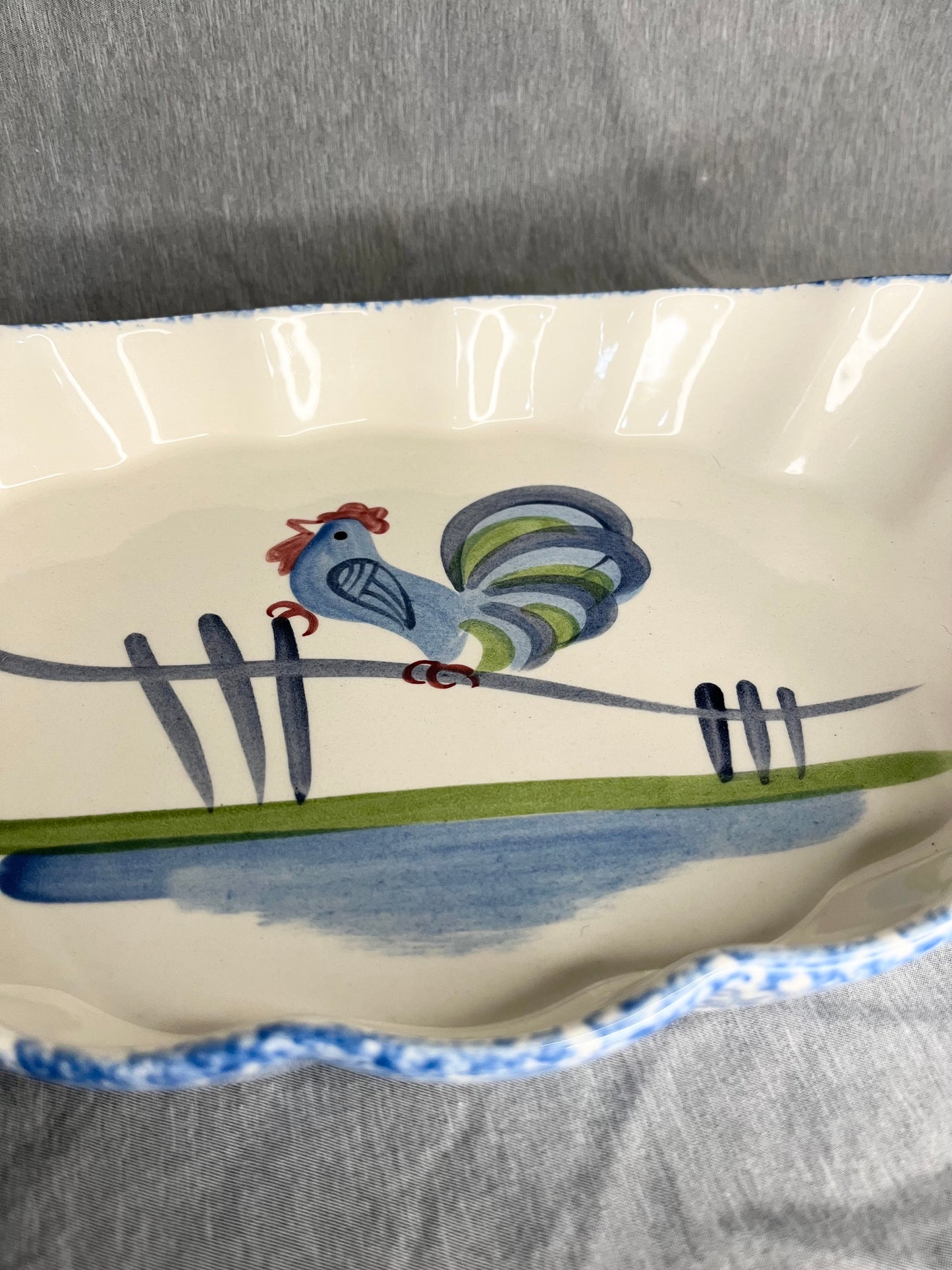 Los Angeles Potteries "Blue Stipple with Rooster"  Serving Bowl Rippled Edge