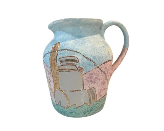 1991 Vintage Southwestern Blue Pastel Pottery Pitcher with Handle Signed