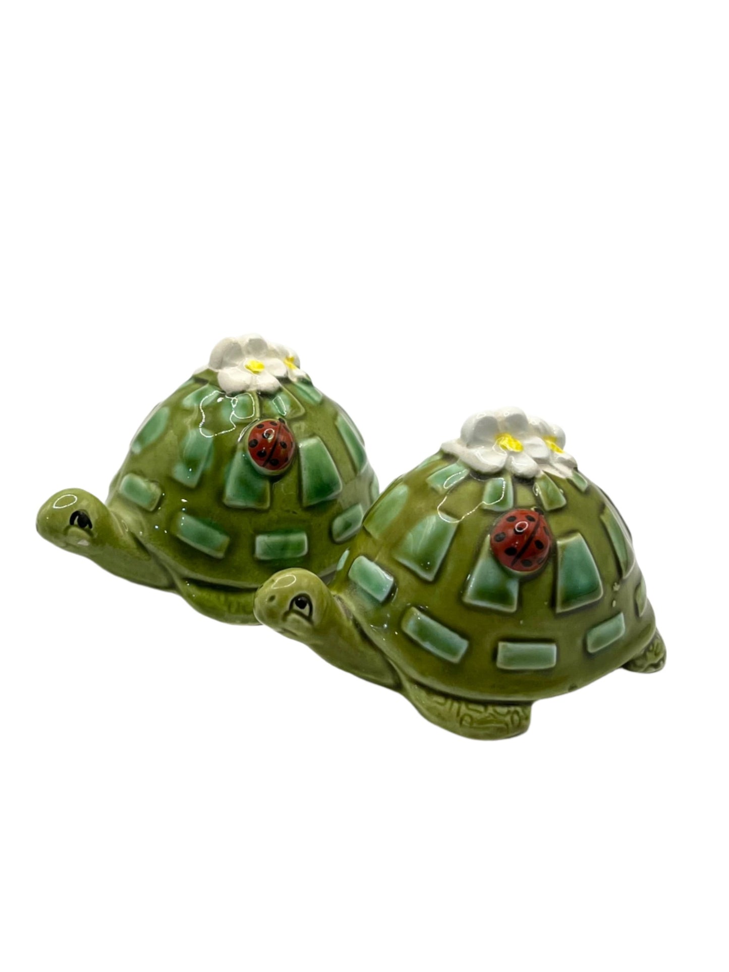 Precious Vintage Turtle Salt & Pepper Shakers with Flower Accents  made in Japan