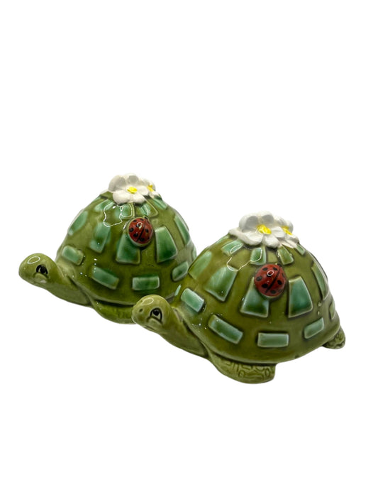 Precious Vintage Turtle Salt & Pepper Shakers with Flower Accents  made in Japan