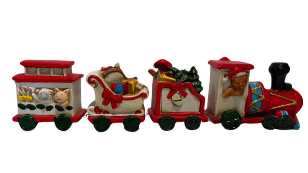 Vintage Hand Painted Porcelain Bisque Santa Christmas Toy Train