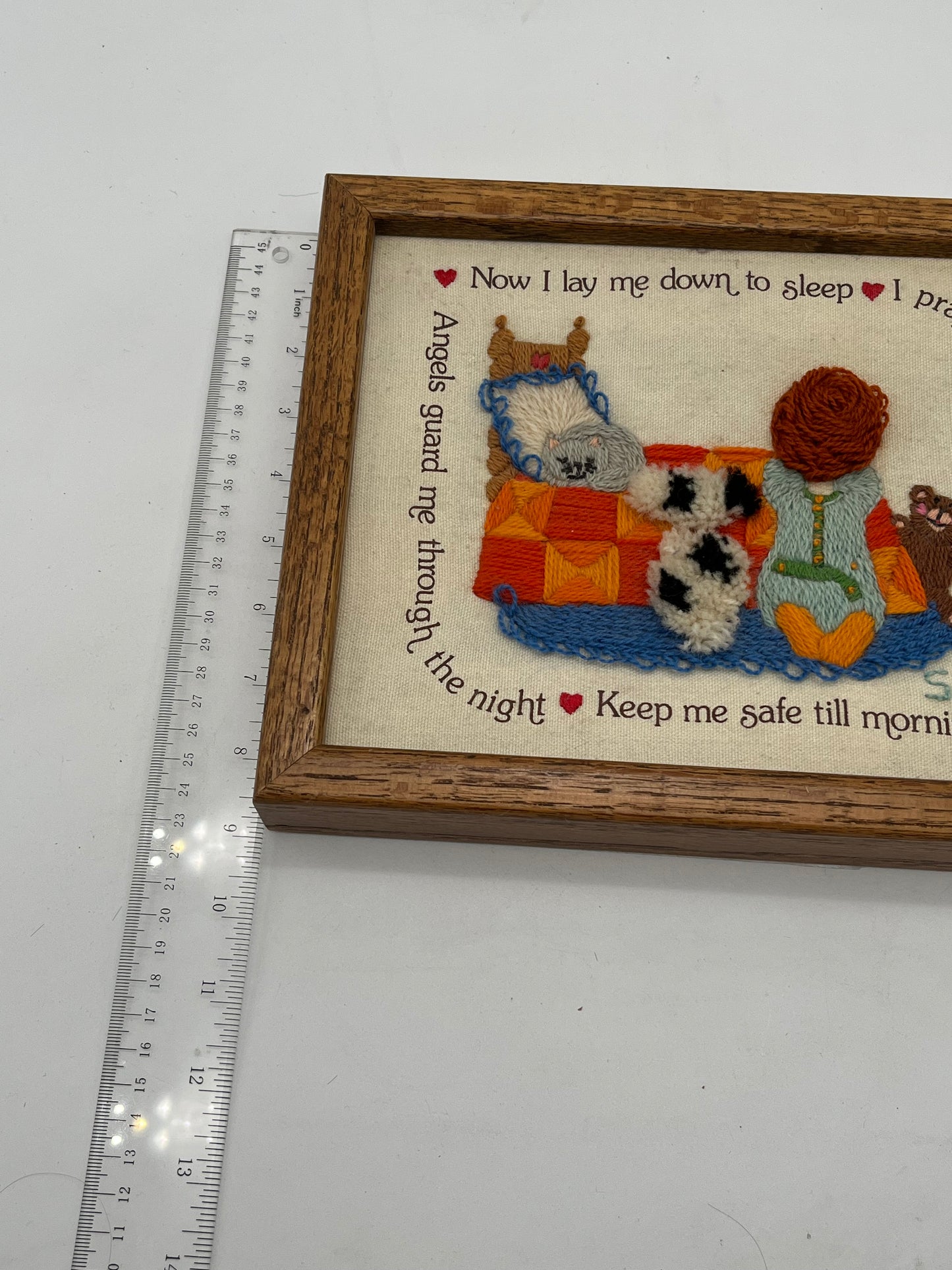 Late 80s “Now I lay me down to Sleep” Needle Crewel Frame Art Work