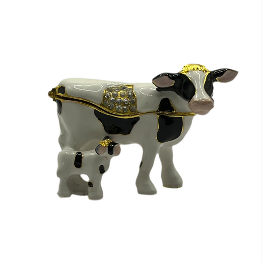 Holstein Cow with Calf Enameled Jeweled trinket Box