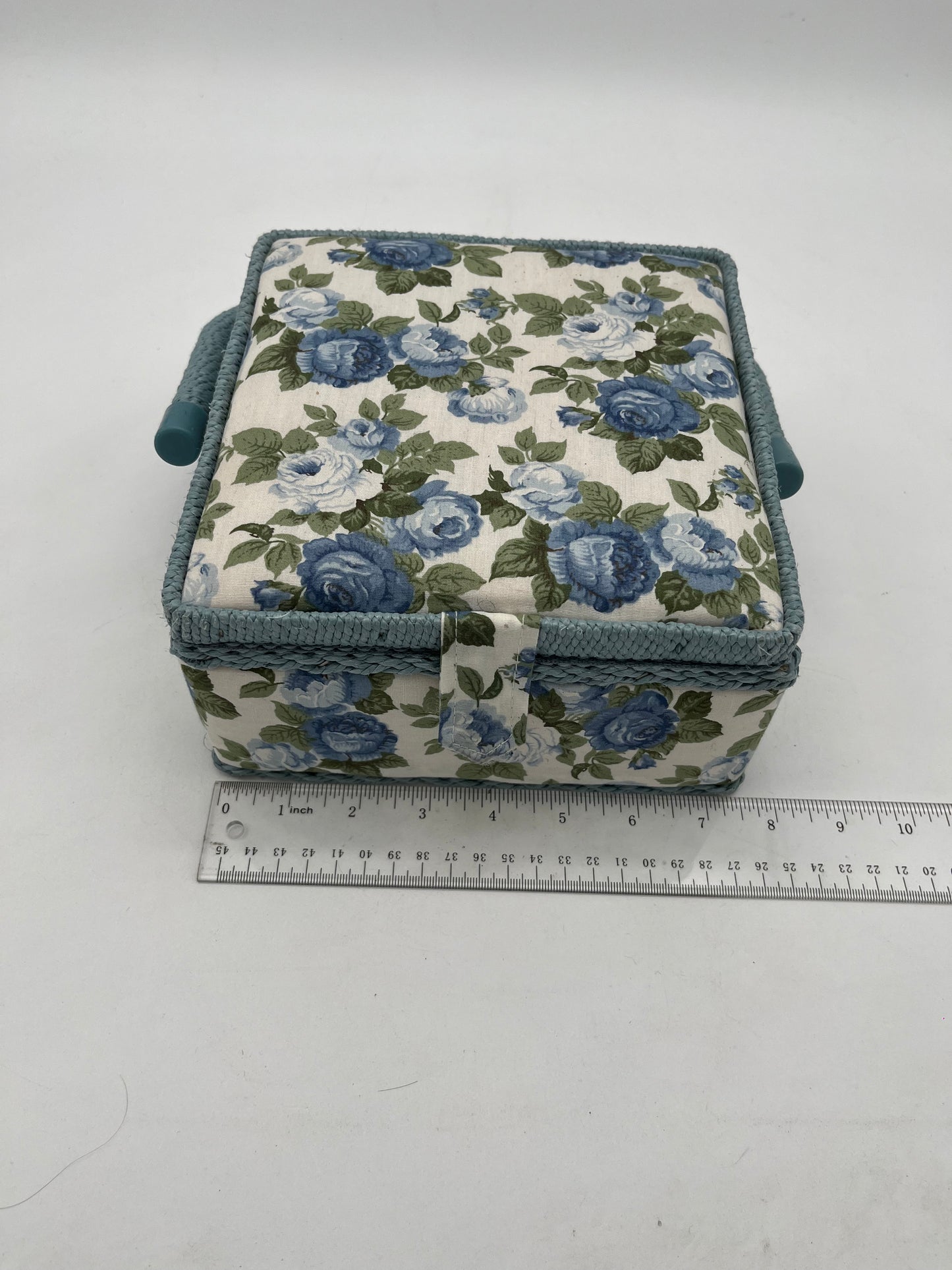 Vintage Blue Rose Flower Sewing Box Pretty Padded Fabric Covered Craft Basket With Braided Blue Trim And Handle And Velcro Closure