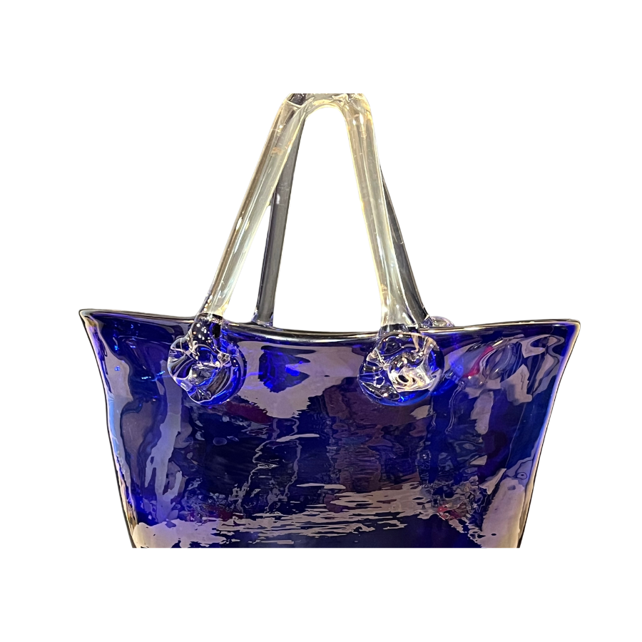 Hand Blown Cobalt Blue Glass Handbag with Clear Glass Applied Handle