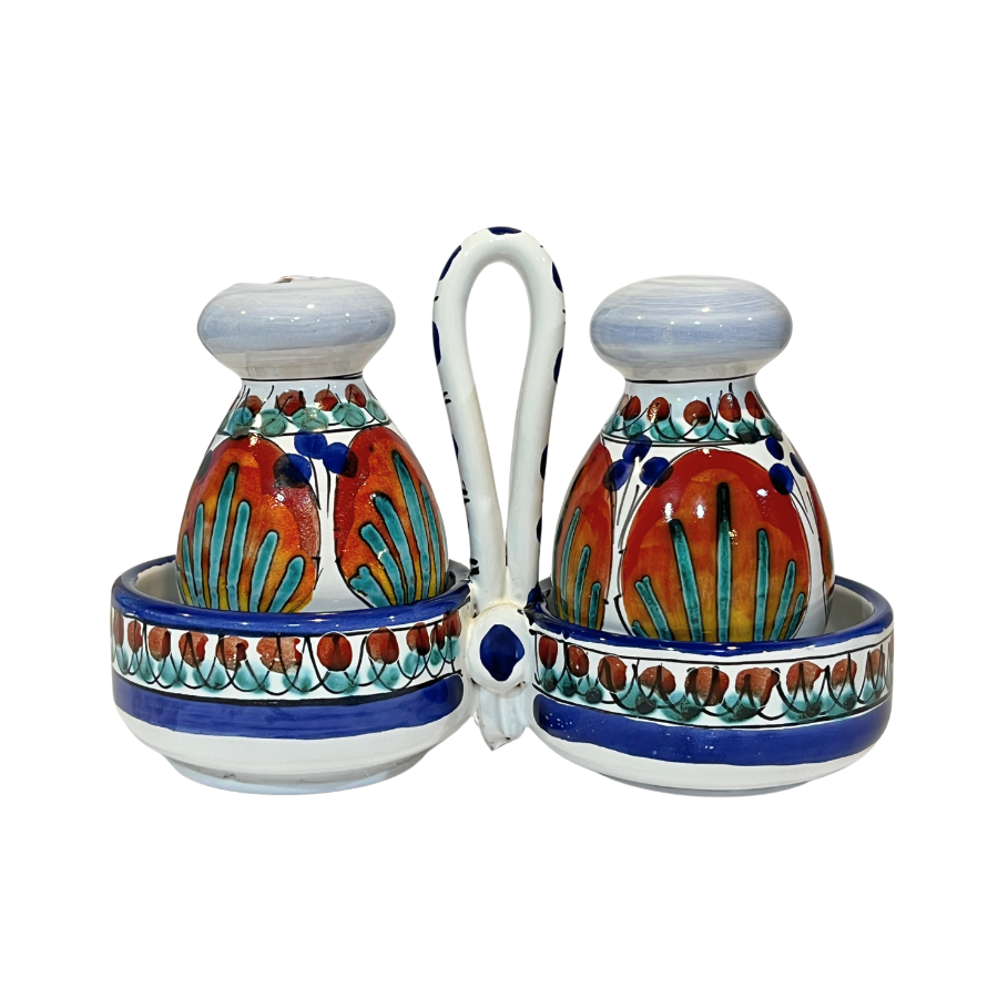 Vintage Italian Pottery Salt and Pepper shakers with Carrying Caddy