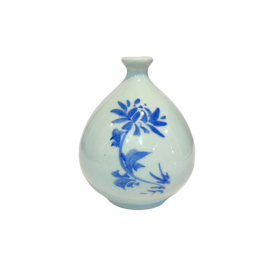 Singed Miniature Asian Ceramic Blue Floral Bud Vase 4.25" Tall