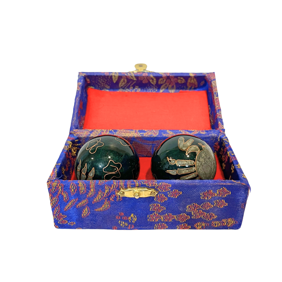 Vintage Chinese Therapy Musical Baoding Balls in Blue Vintage Box with Crabs