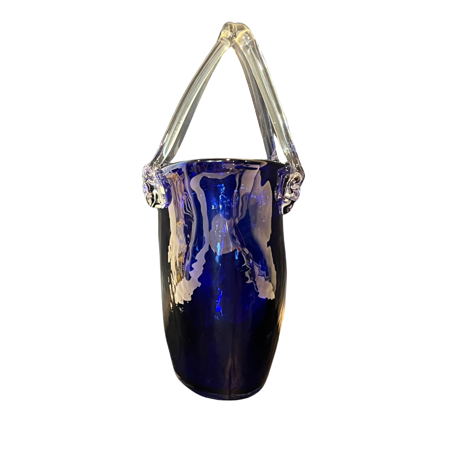 Hand Blown Cobalt Blue Glass Handbag with Clear Glass Applied Handle