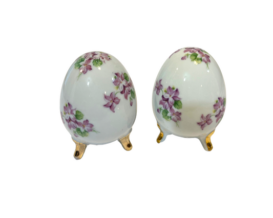 Vintage Enesco Japan Ceramic Egg Salt & Pepper Shakers w/ Gold Feet and Purple Flowers