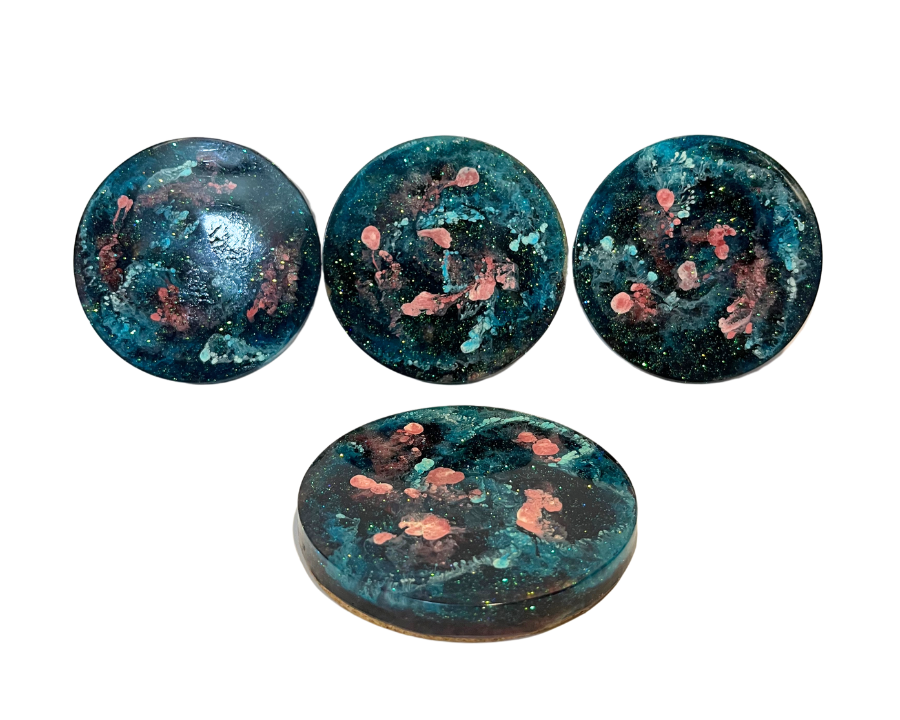 Set of 4 Pink Blue Milky Way Glitter Galaxy Epoxy Resin Coasters Crock Bottom Handmade